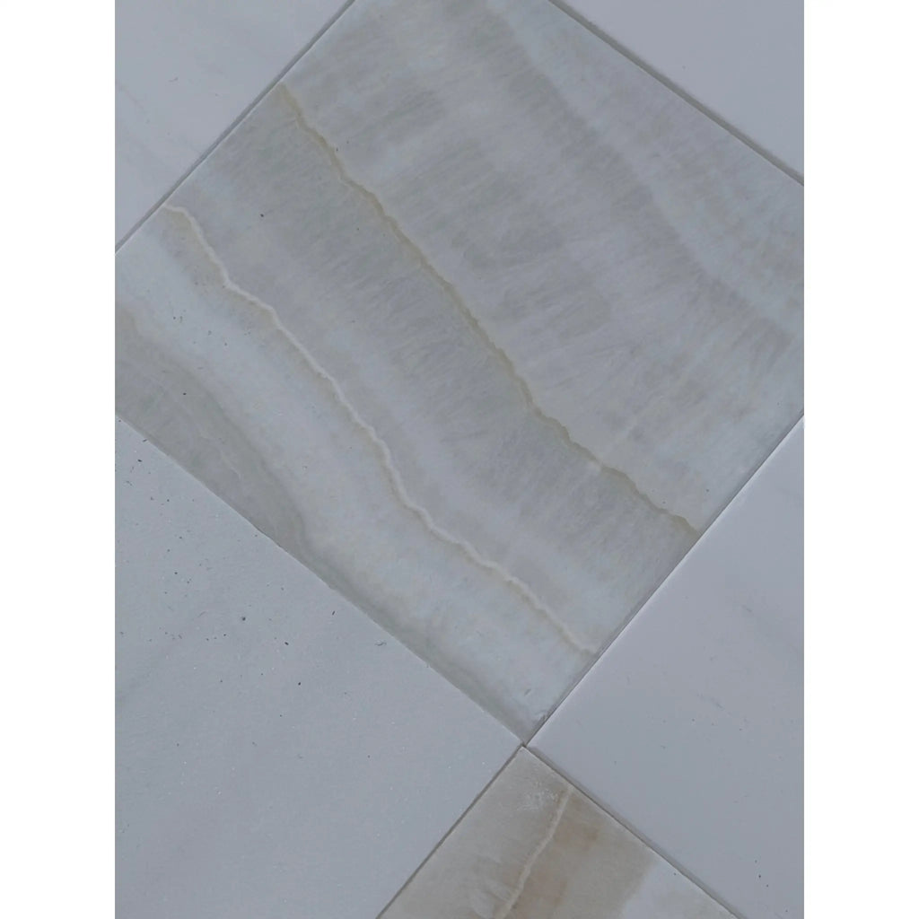 White Onyx Vanilla Onyx Vein-Cut 12x12 Polished tile with subtle veining