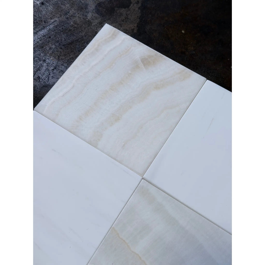 White Onyx Vanilla Onyx vein-cut 12x12 polished marble tile with beige veining