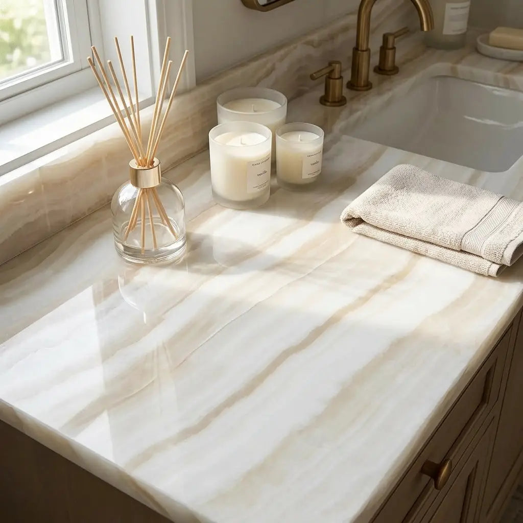 Beige white onyx vein-cut marble countertop with subtle veining and polished glossy finish 12x24 inches