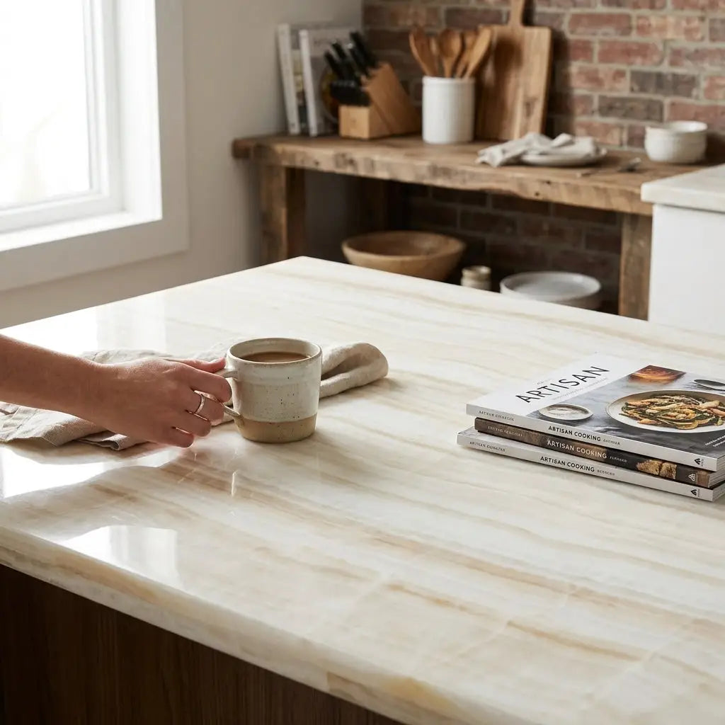 A beige ceramic mug with speckled texture on a polished white onyx vein-cut 18x18 marble countertop