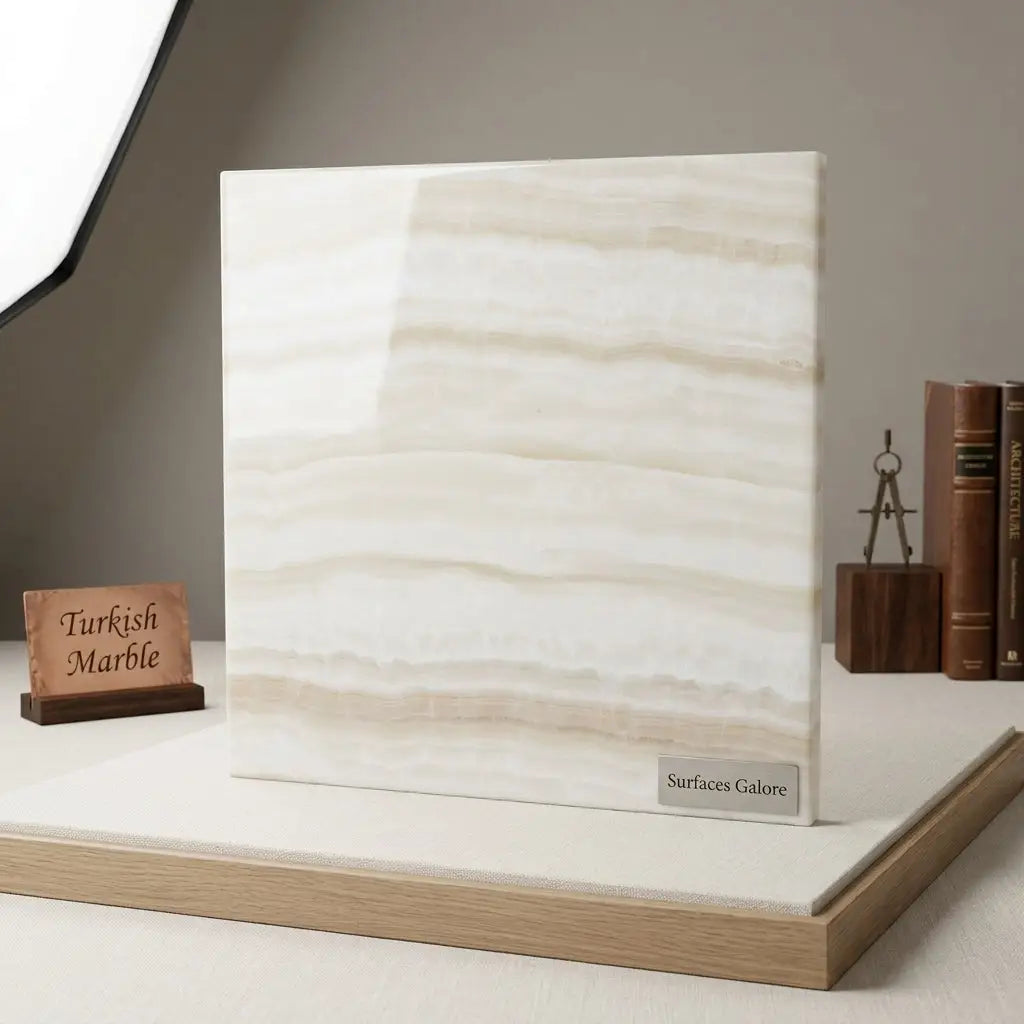 A sleek square slab of white onyx vanilla onyx vein-cut turkish marble with polished surfaces and subtle beige veining
