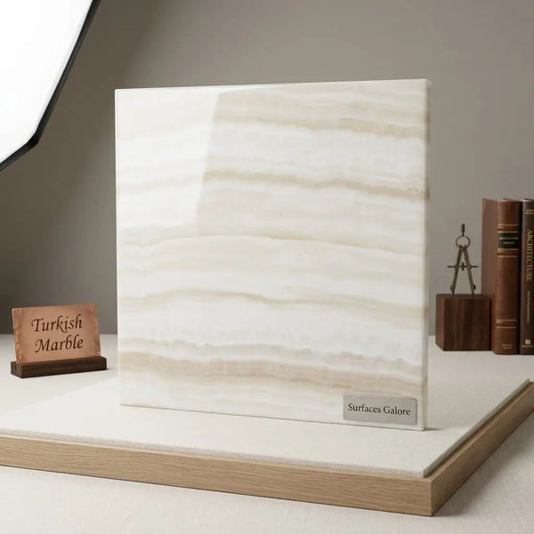 A polished square slab of white onyx vanilla onyx vein-cut marble with subtle beige veining 18x18 inches