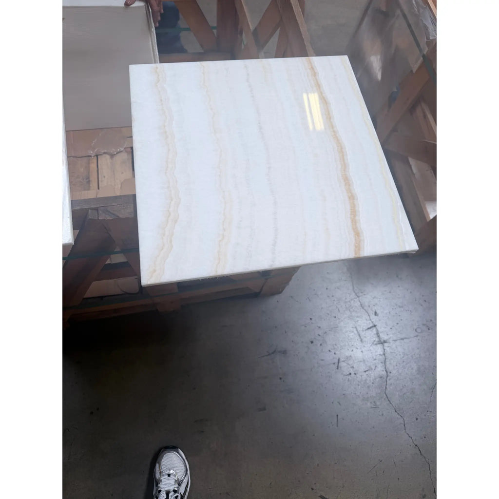 Square white onyx vein-cut marble tile with subtle beige veining polished 18x18 inch for flooring and walls