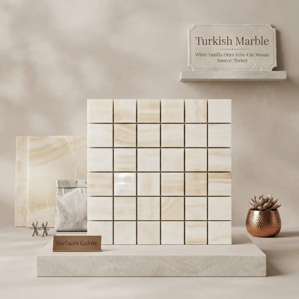 A polished white onyx vanilla onyx 2x2 mosaic marble panel with subtle beige veining and metallic grout lines