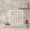 White onyx vanilla onyx vein-cut 2x2 mosaic marble polished square panel with beige veining and metallic grout lines