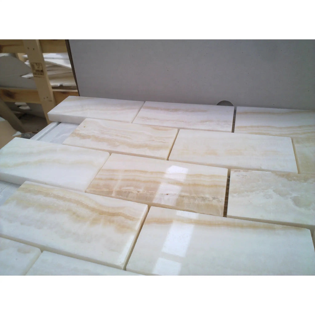 Rectangular beige and cream white onyx vein-cut 2x4 mosaic marble polished tiles with natural veining