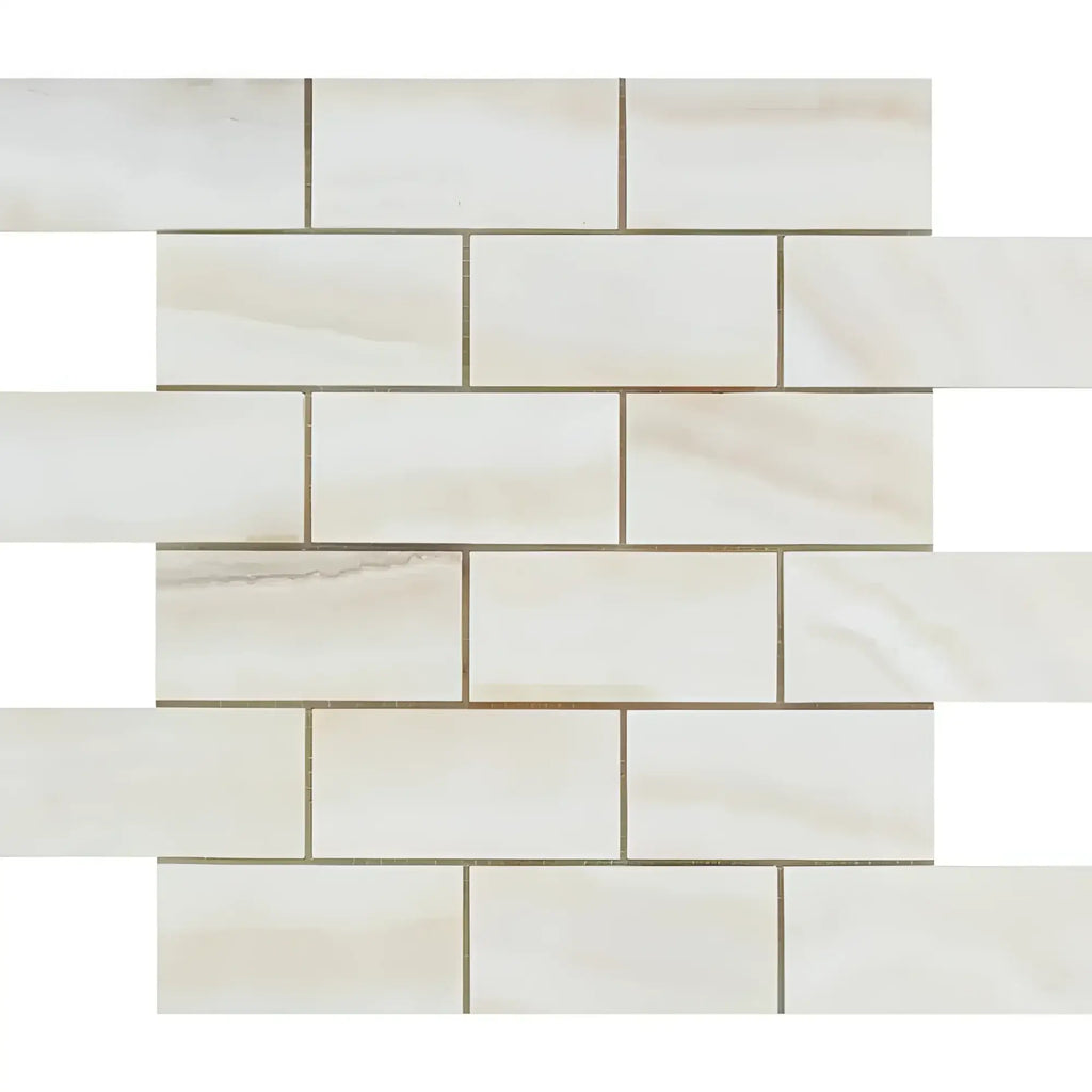 Beige brick-patterned tile mosaic from White Onyx Bianco-Vanilla Vein-Cut marble