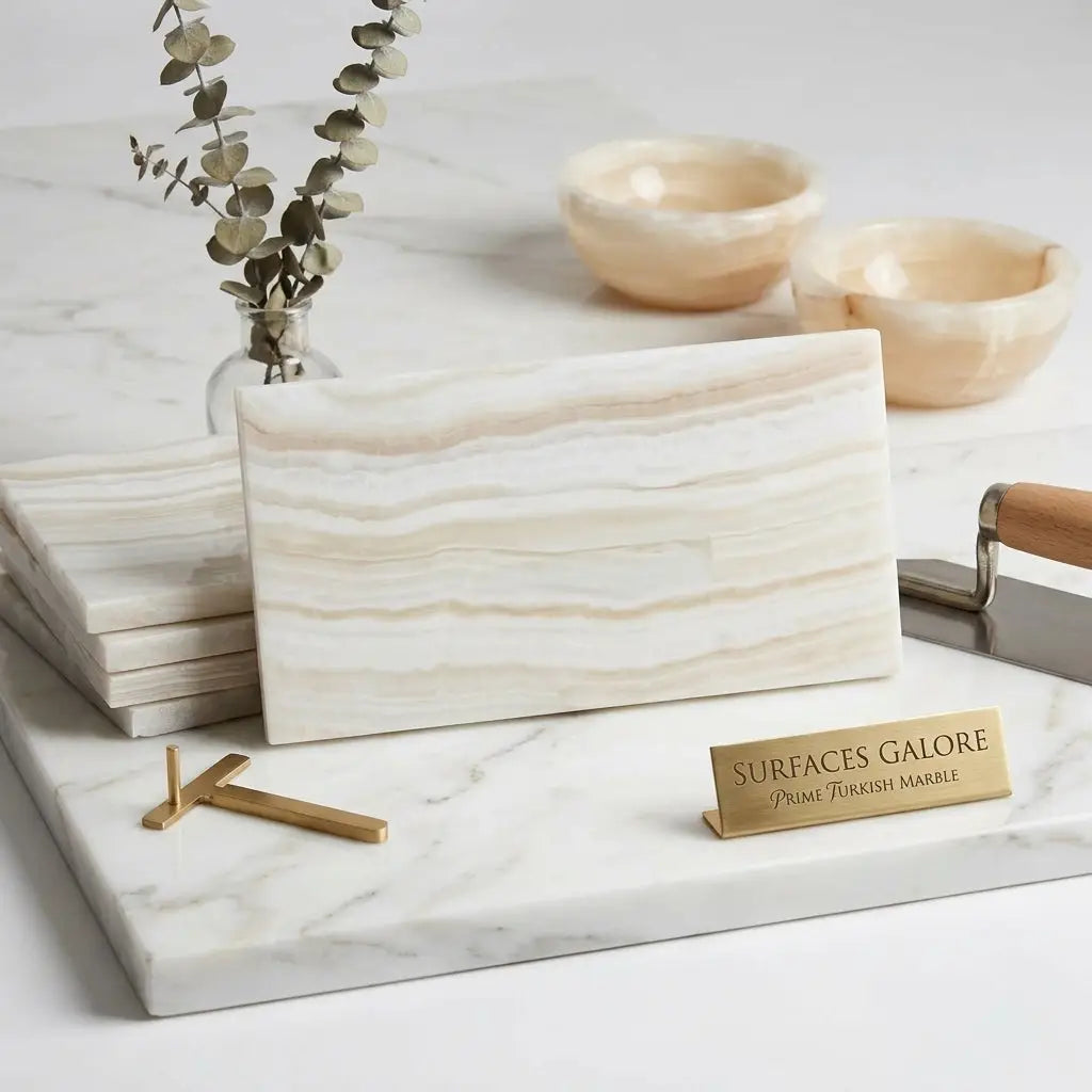 White onyx vanilla onyx vein cut rectangular marble serving board with polished surface and beige veining