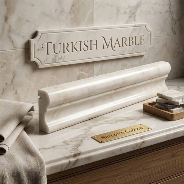 A sleek off-white turkish marble crown molding with subtle veining polished finish white pearl botticino 2x12 milano molding