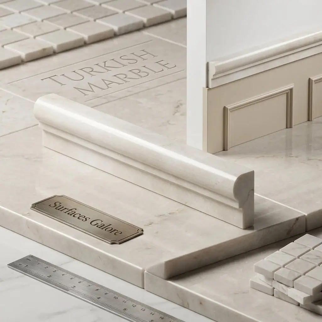 Cream-colored turkish marble baseboard with smooth polished finish and subtle veining in white pearl botticino chair rail molding