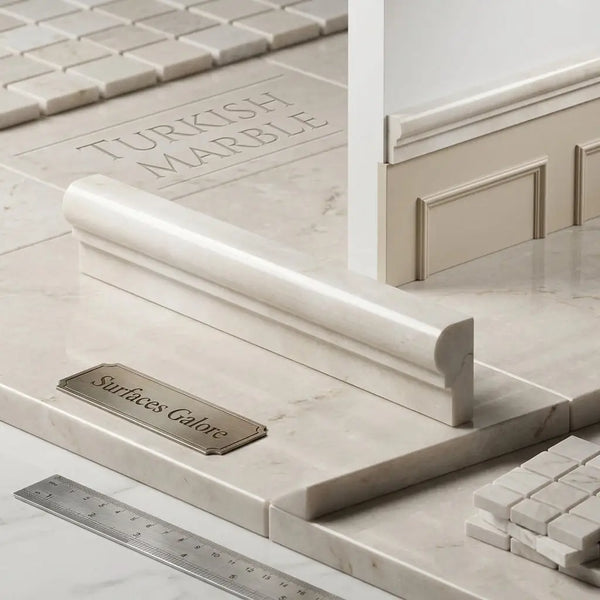 Cream-colored turkish marble baseboard with smooth polished finish and subtle veining in white pearl botticino chair rail molding