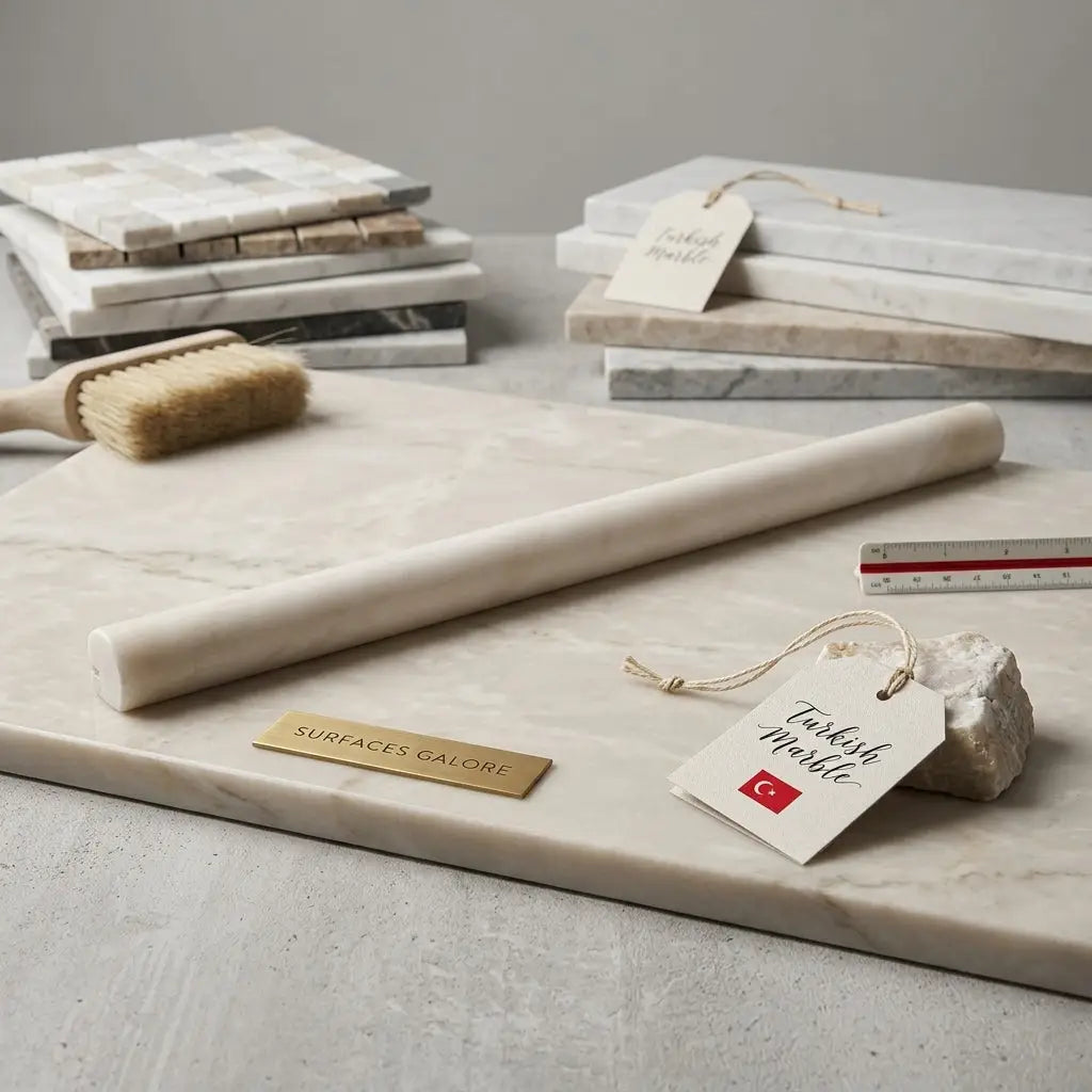 A sleek light beige turkish marble rolling pin with gray veining on a polished white pearl botticino marble slab liner molding