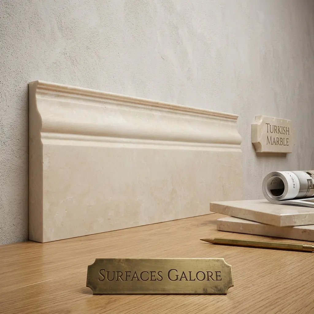 Cream-colored Turkish marble baseboard molding with a classic ornate profile in polished white pearl Botticino finish