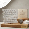 White pearl Botticino beige marble 1.25 inch hexagon mosaic polished tile in a white hexagonal Turkish marble pattern