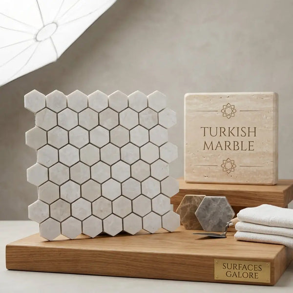 White pearl Botticino beige marble 1.25 inch hexagon mosaic polished tile in a white hexagonal Turkish marble pattern