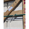 Green webbing strap with metal buckle securing wooden beams alongside white pearl botticino beige marble 12x12 tile