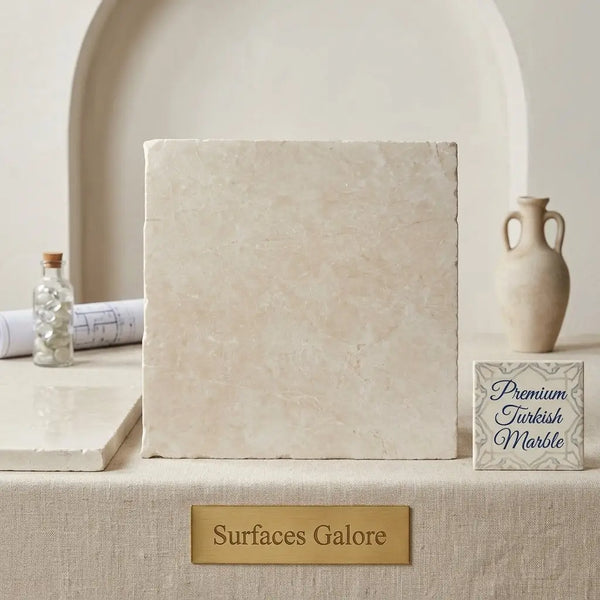 Cream-colored textured white pearl botticino beige marble slab with natural stone finish 12x12 tumbled tile