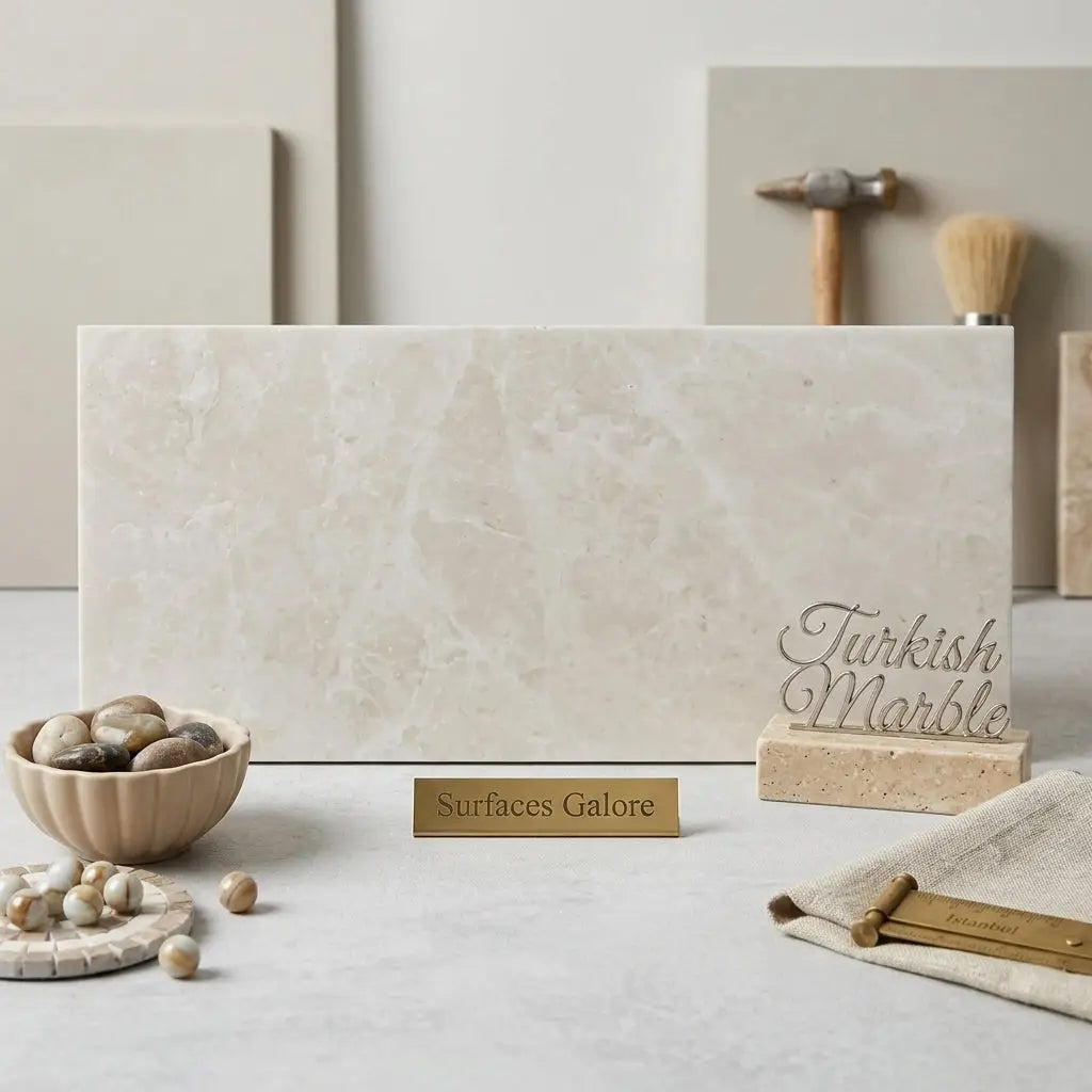 A rectangular slab of polished white pearl botticino beige marble with subtle veining in 12x24 size