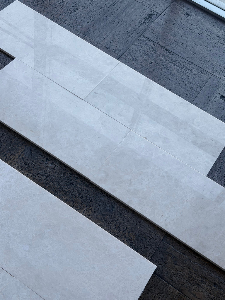 White Pearl Botticino Beige Marble 12x24 polished diagonal tiles on wood floor