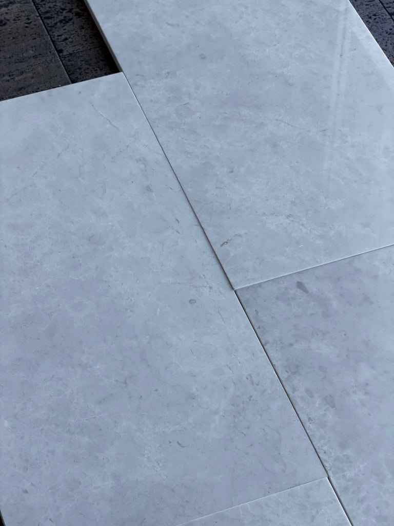 Light gray White Pearl marble 12x24 polished floor tiles with veining