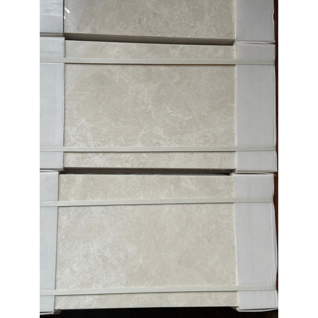 Stacked White Pearl and Botticino Beige Marble tiles in 12x24 polished or honed finish
