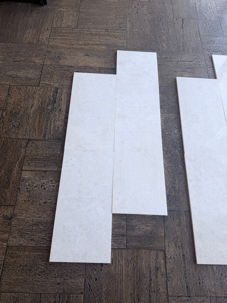 White Pearl Botticino Beige marble 12x24 polished tiles on wood floor