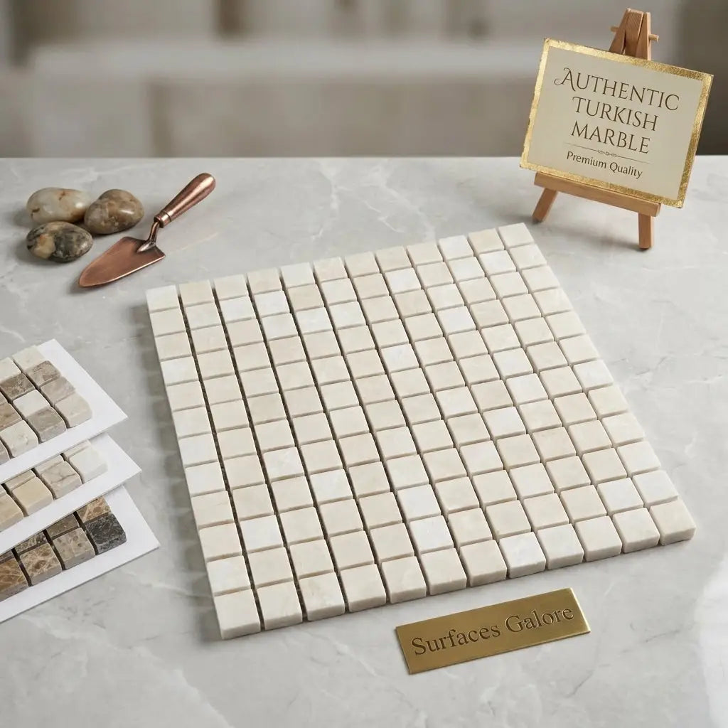 White pearl botticino beige marble 1x1 square mosaic polished with off-white turkish marble tiles and subtle veining
