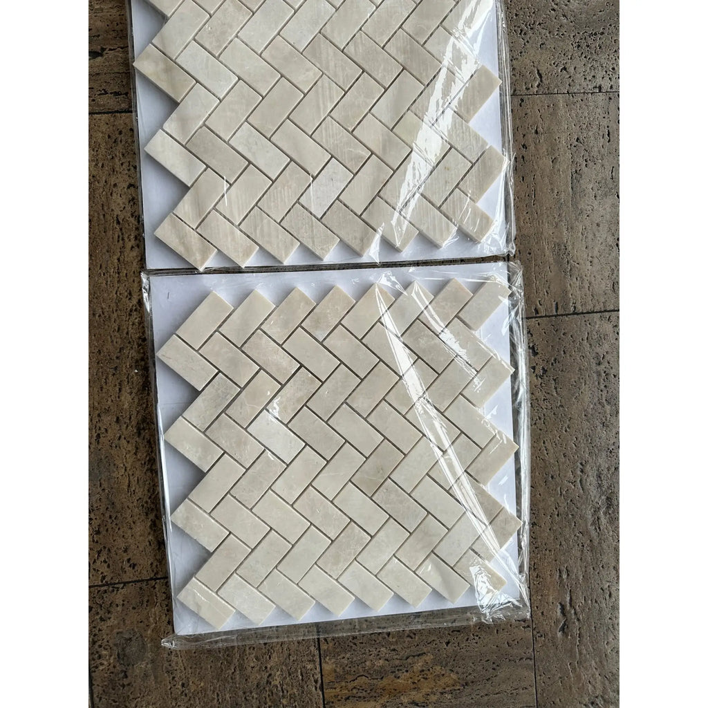 Polished White Pearl Botticino Beige Marble 1x2 Herringbone Mosaic Tile