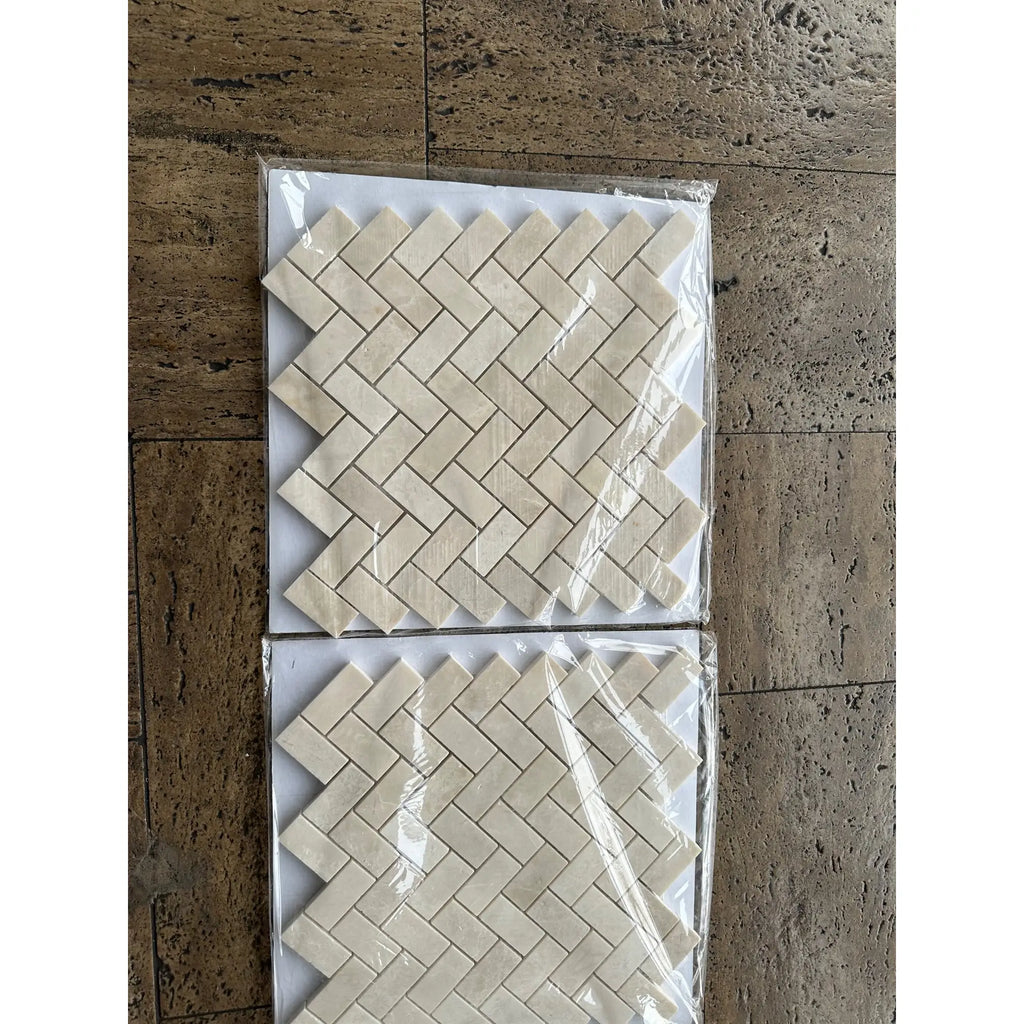 Polished White Pearl Botticino Beige Marble 1x2 Herringbone Mosaic Tile in Packaging