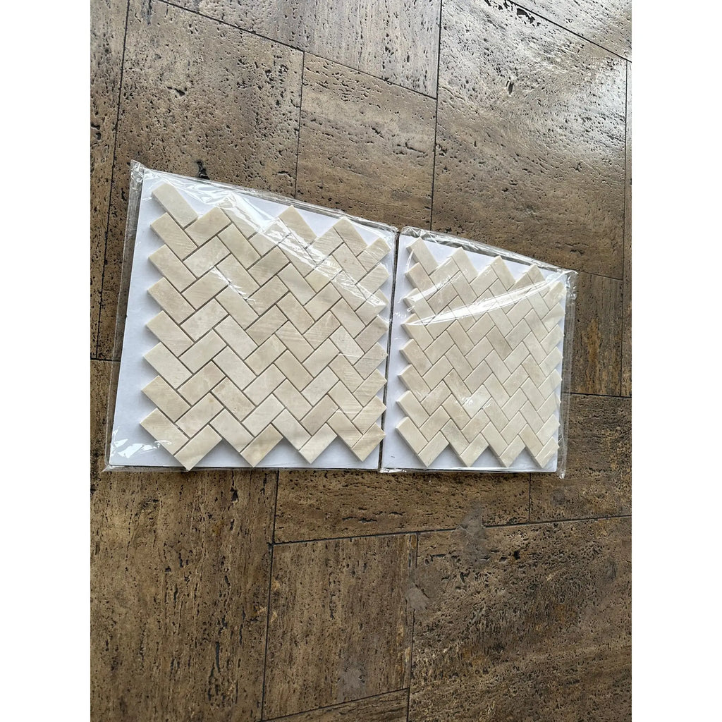 Polished White Pearl Botticino Beige Marble Herringbone Mosaic Tile Coaster Set