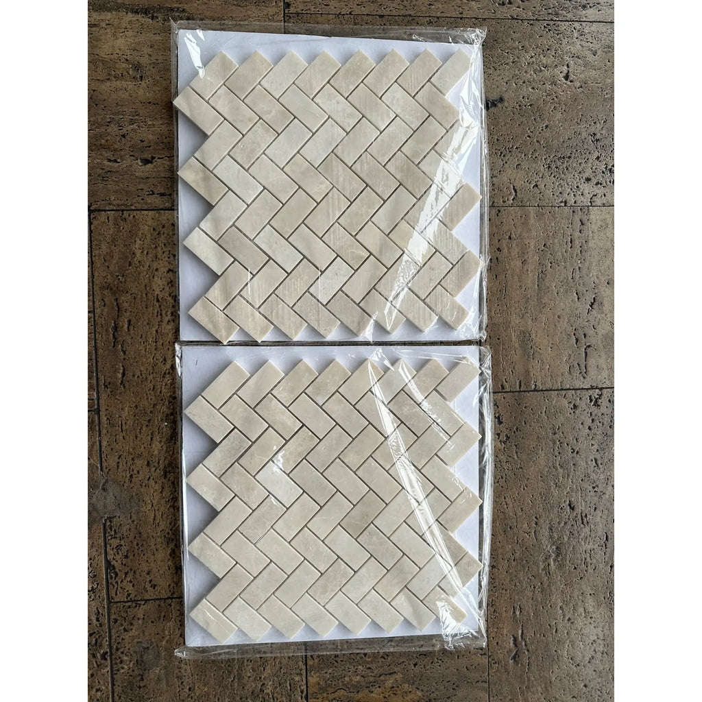 Polished White Pearl Botticino Beige Marble 1x2 Herringbone Mosaic Tile in Packaging