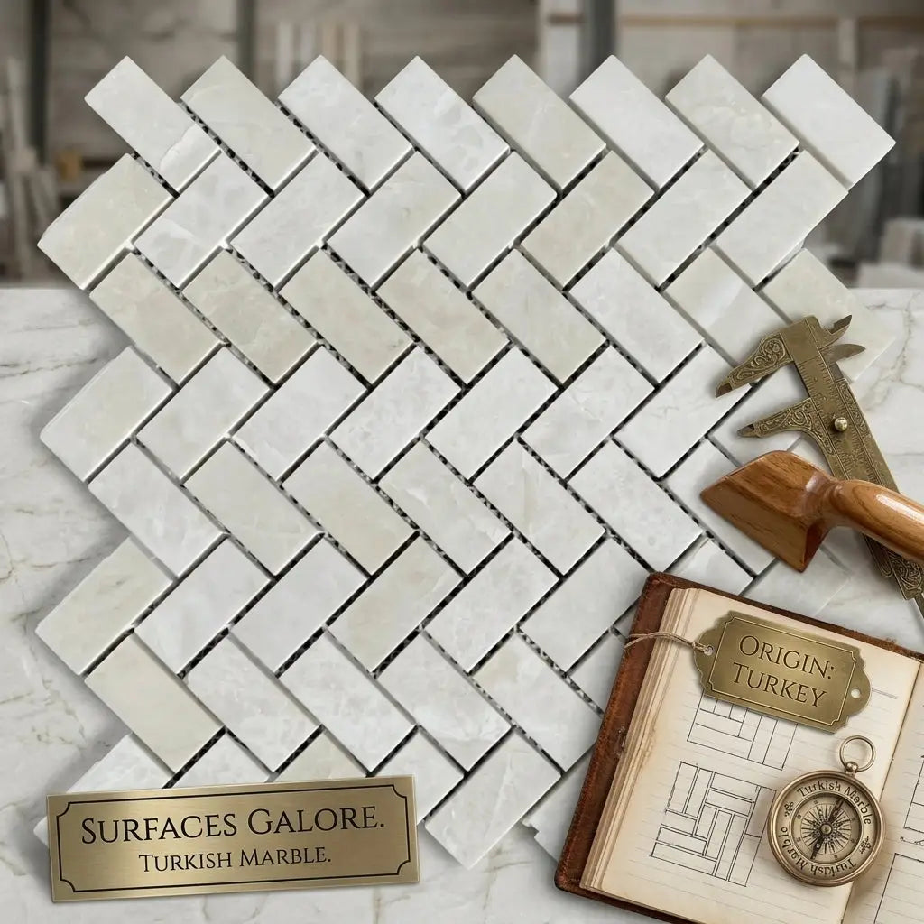 White pearl botticino beige marble 1x2 herringbone mosaic polished tiles in white turkish marble diagonal brick pattern
