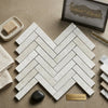White pearl botticino beige marble 1x4 herringbone mosaic polished tiles in white turkish marble arranged in herringbone pattern