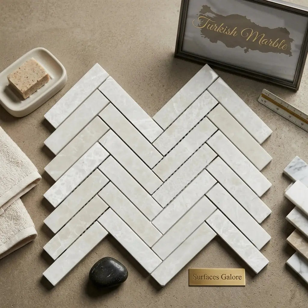 White pearl botticino beige marble 1x4 herringbone mosaic polished tiles in white turkish marble arranged in herringbone pattern