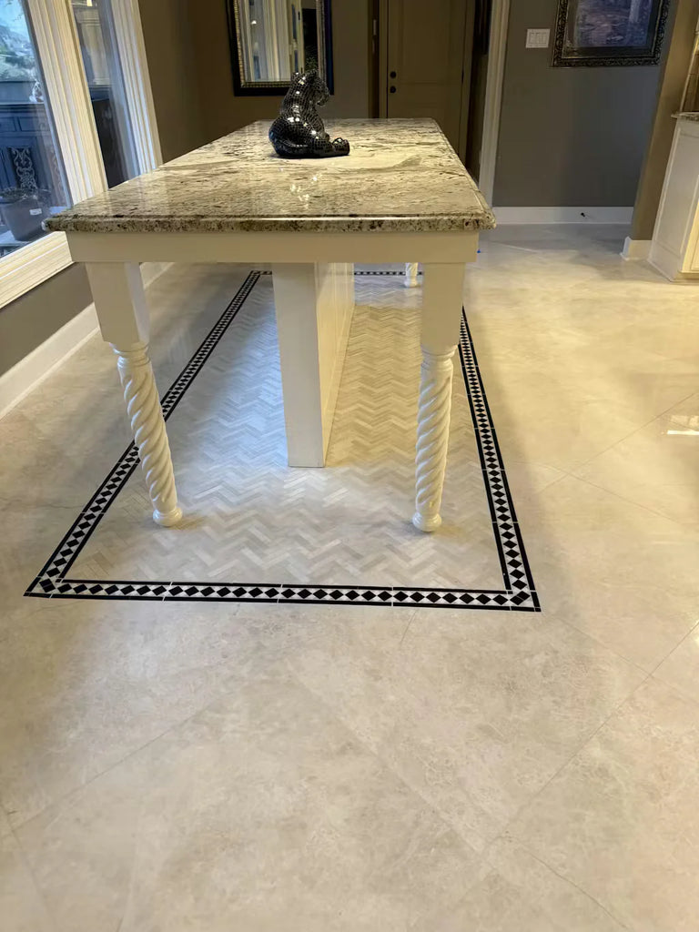 White pearl Botticino beige marble herringbone mosaic table with twisted legs and black figurine