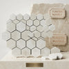 White pearl botticino beige marble 2 inch hexagon mosaic polished tiles with white hexagonal turkish marble and black grout lines