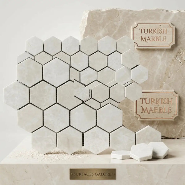 White pearl botticino beige marble 2 inch hexagon mosaic polished tiles with white hexagonal turkish marble and black grout lines