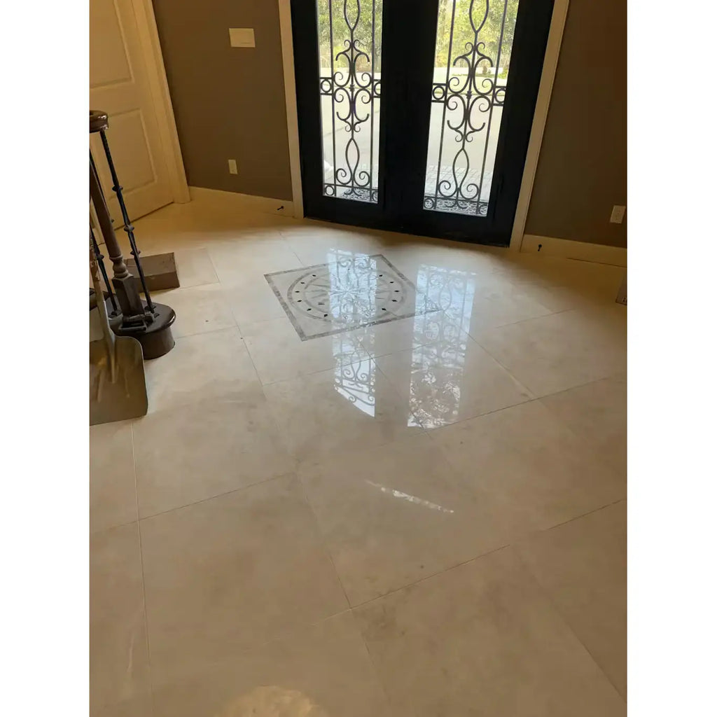 Polished Botticino Beige Marble Floor with Circular Inlay
