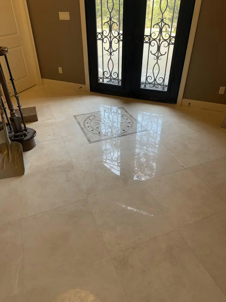 Polished Botticino Beige Marble Floor with Circular Inlay