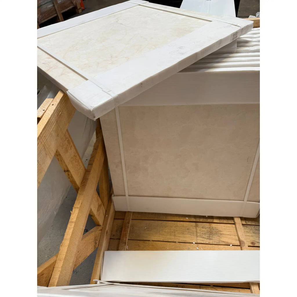 White Pearl Botticino Beige Marble 24x24 Polished Tile on Unfinished Wood Kitchen Cabinet