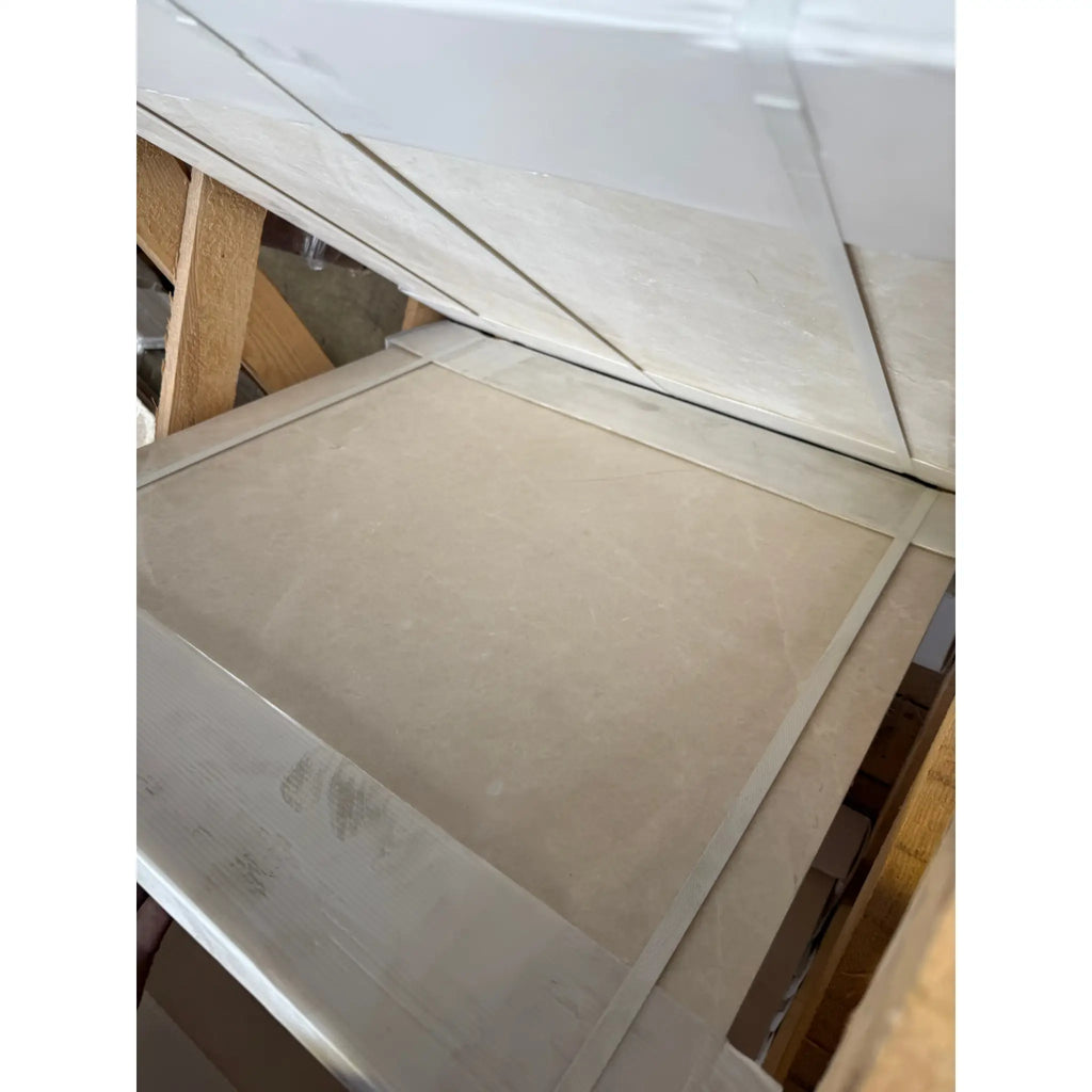 Brushed stainless steel fridge door with white interior, White Pearl marble panel