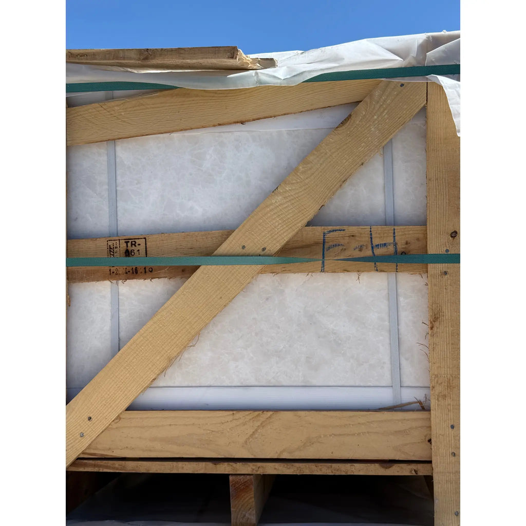Wooden crate with White Pearl and Botticino Beige Marble 24x24 tiles inside