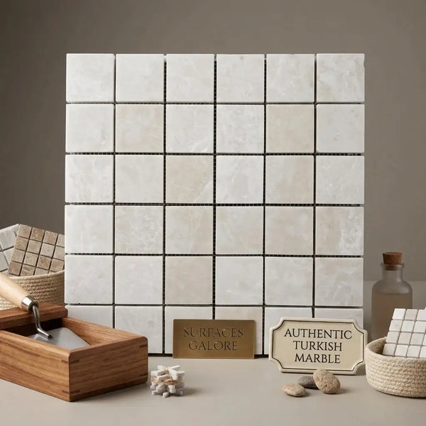 White pearl Botticino beige marble 2x2 square mosaic polished with white Turkish marble tiles and subtle veining