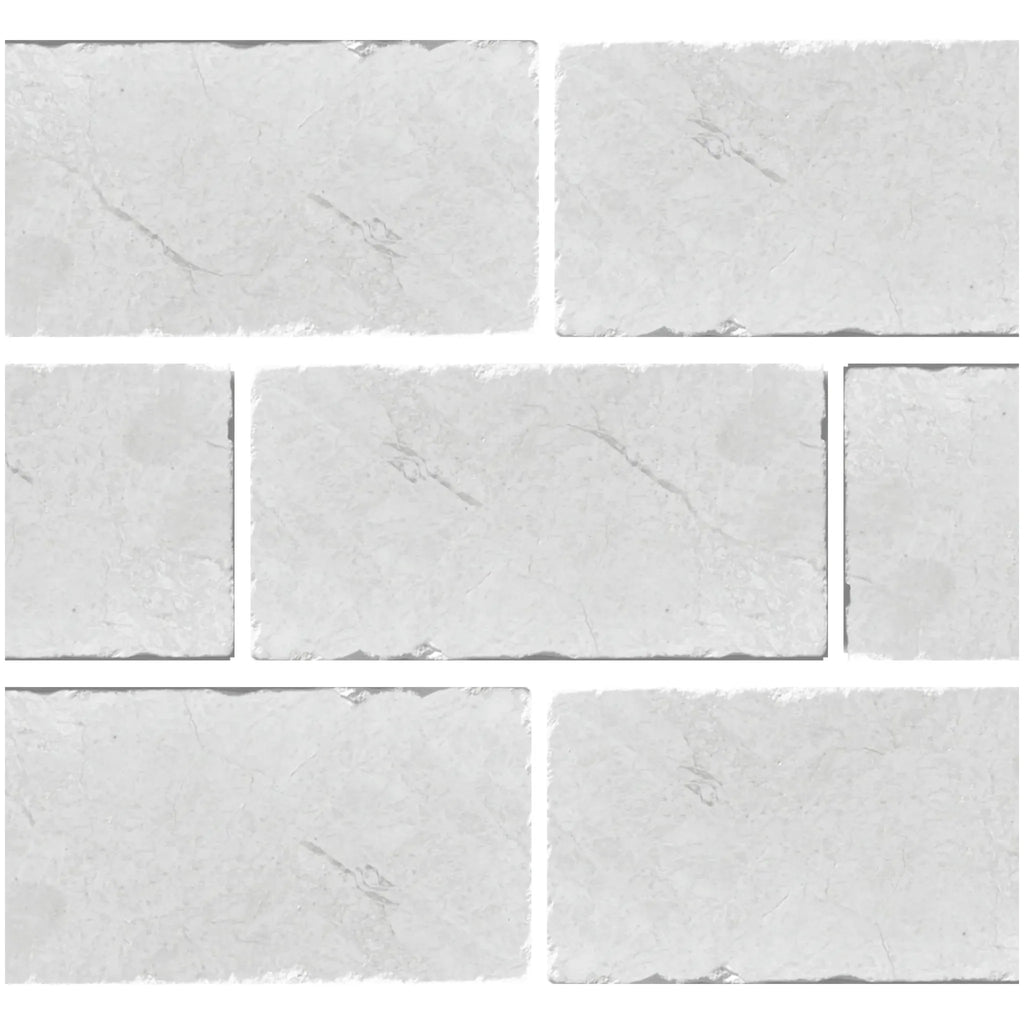 White Pearl Botticino Beige Marble 3X6 Tumbled showcasing a white stone brick pattern