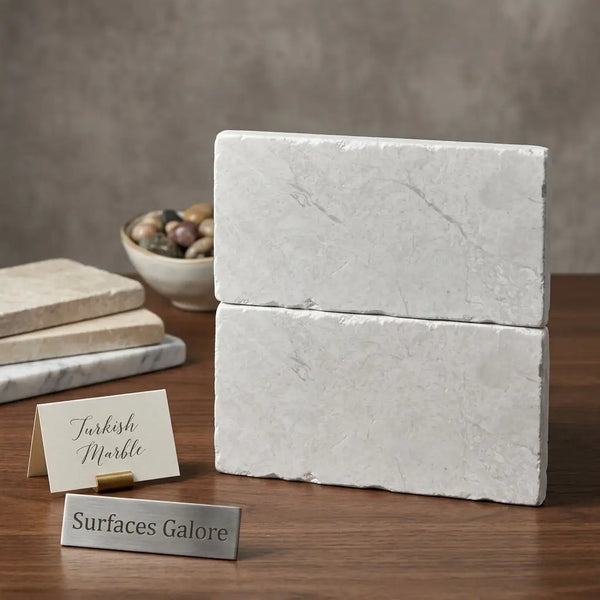 Stacked white pearl botticino beige marble 3x6 tumbled tiles with subtle gray veining and rustic textured finish
