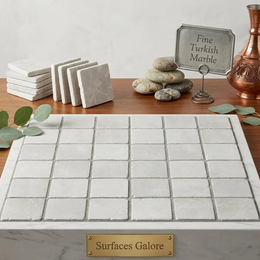 White pearl botticino beige marble 4x4 tumbled tile tray with grid pattern and gold surfaces galore plaque at front