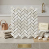 White pearl botticino beige marble mini herringbone mosaic tile in polished white turkish marble with herringbone pattern