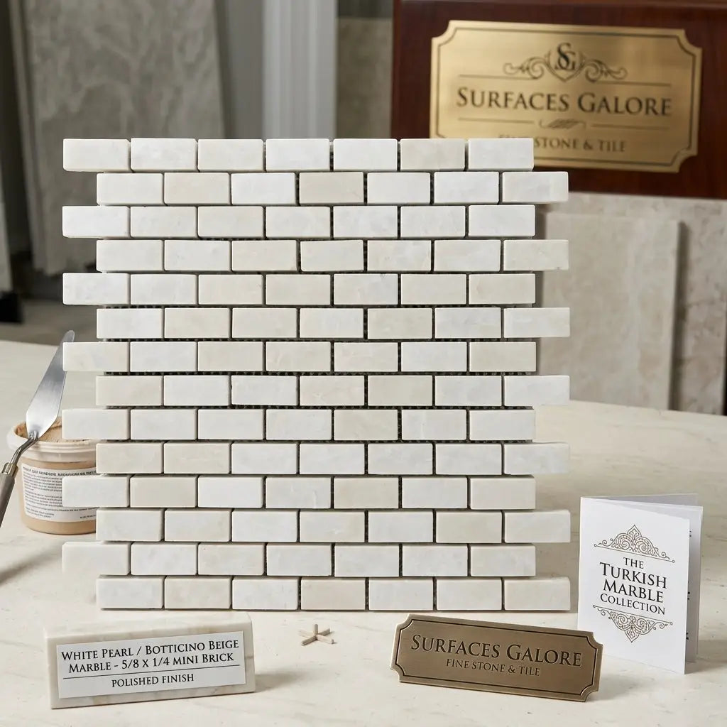 White pearl botticino beige marble mini brick mosaic tile with polished finish showcasing elegant stone texture