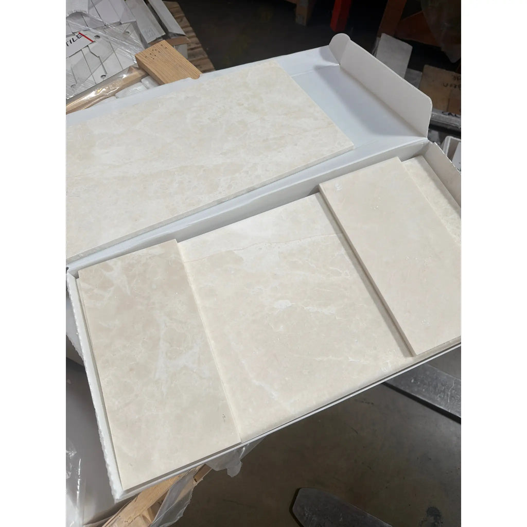 Beige marble effect white pearl botticino beige marble 6x12 polished tiles with subtle veining in white packaging
