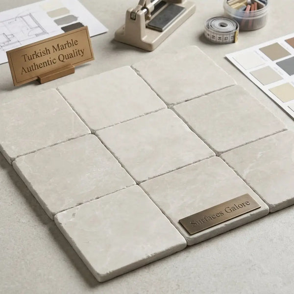 White pearl botticino beige marble 6x6 tumbled light beige turkish tiles with subtle veining in a grid pattern